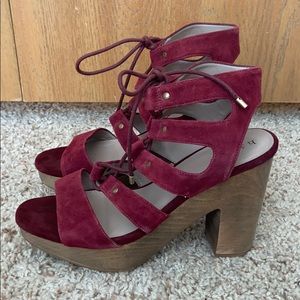 “Hinge” lace-up burgundy platform heeled sandals